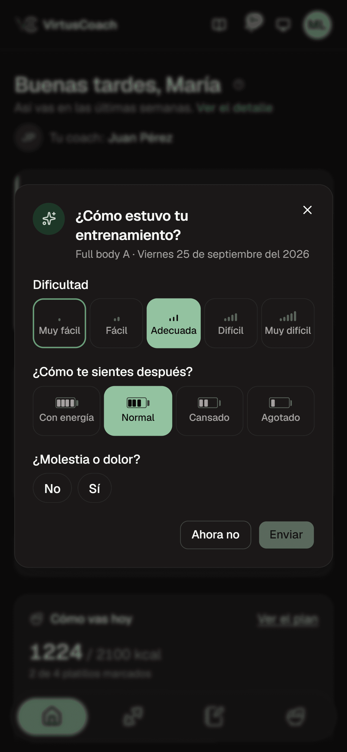 Encuesta al terminar de entrenar en VirtusCoach: qué tan difícil estuvo la sesión en una escala de cinco niveles, cómo se siente después con un indicador de batería, y si tiene alguna molestia.