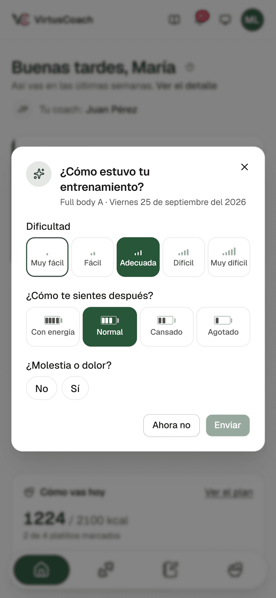 Encuesta al terminar de entrenar en VirtusCoach: qué tan difícil estuvo la sesión en una escala de cinco niveles, cómo se siente después con un indicador de batería, y si tiene alguna molestia.