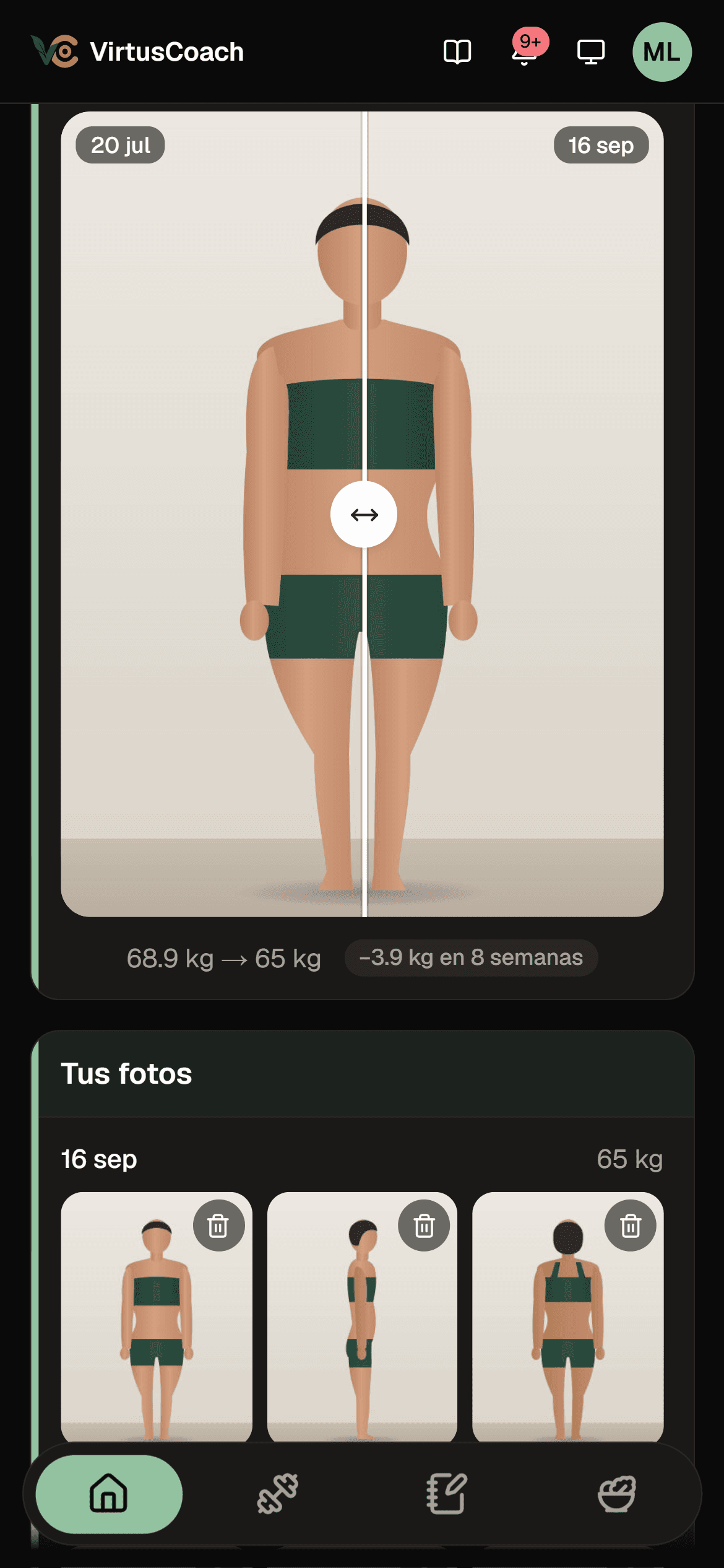 Comparador de fotos de progreso en el teléfono del alumno: la misma pose de frente el 20 de julio y el 16 de septiembre, divididas por una barra que se desliza, y debajo el cambio de peso entre las dos fechas. Las figuras son ilustraciones de ejemplo.