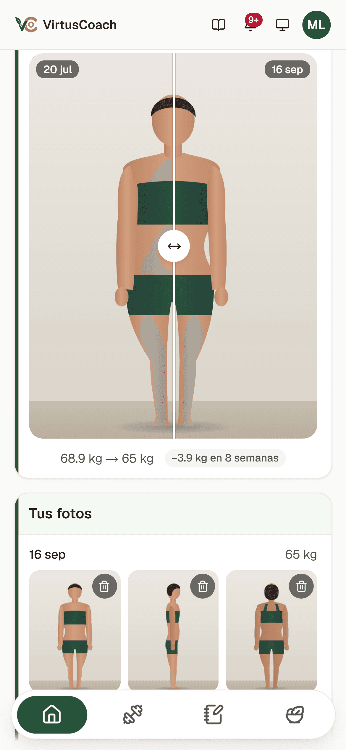 Comparador de fotos de progreso en el teléfono del alumno: la misma pose de frente el 20 de julio y el 16 de septiembre, divididas por una barra que se desliza, y debajo el cambio de peso entre las dos fechas. Las figuras son ilustraciones de ejemplo.