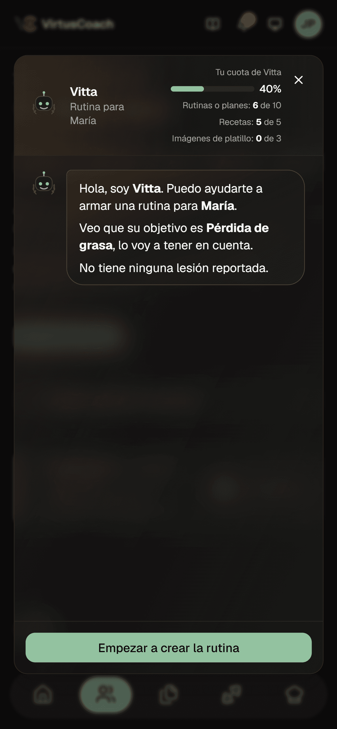 Chat con Vitta en el teléfono del entrenador: le pide una rutina y Vitta responde con un borrador para revisar.