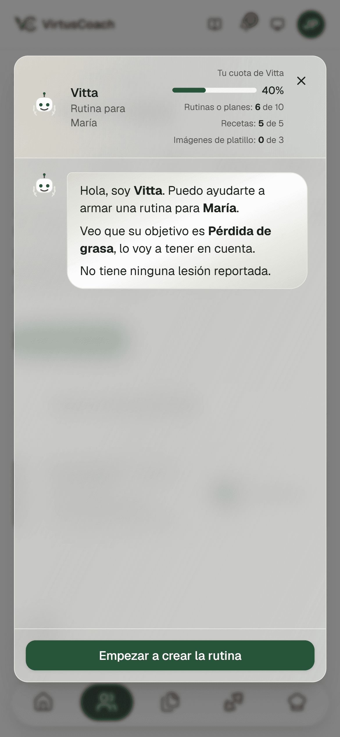 Chat con Vitta en el teléfono del entrenador: le pide una rutina y Vitta responde con un borrador para revisar.
